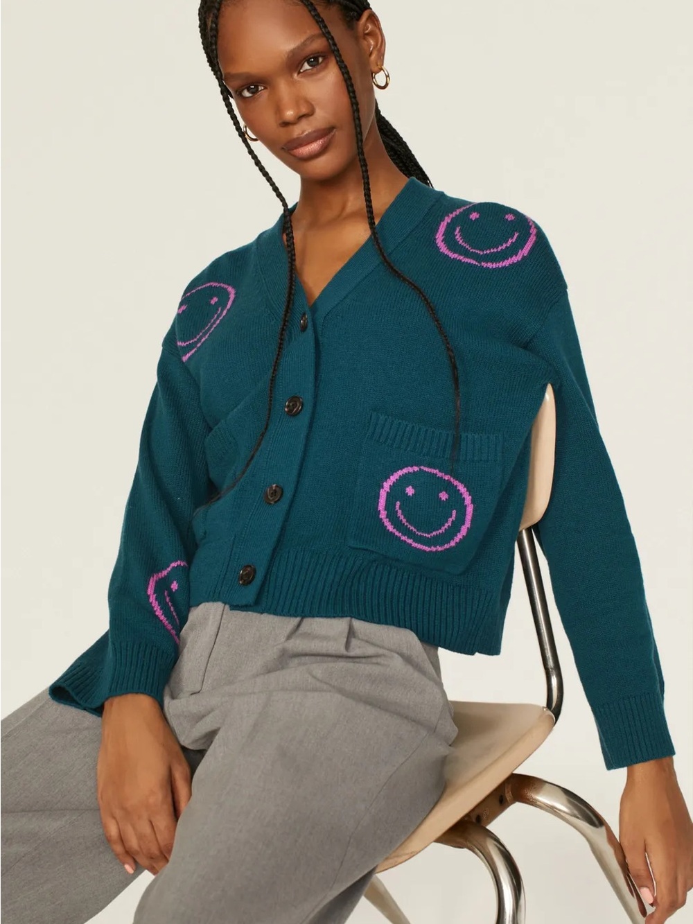 Rails Teal V-Neck Cardigan with Pink Smiley Intarsia